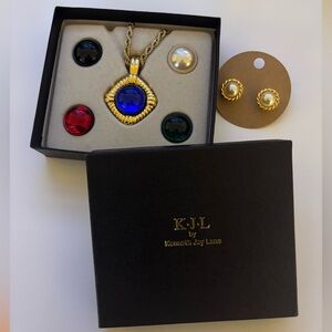 Kenneth Jay Lane Gold Necklace with Interchangeable Gemstones with earrings